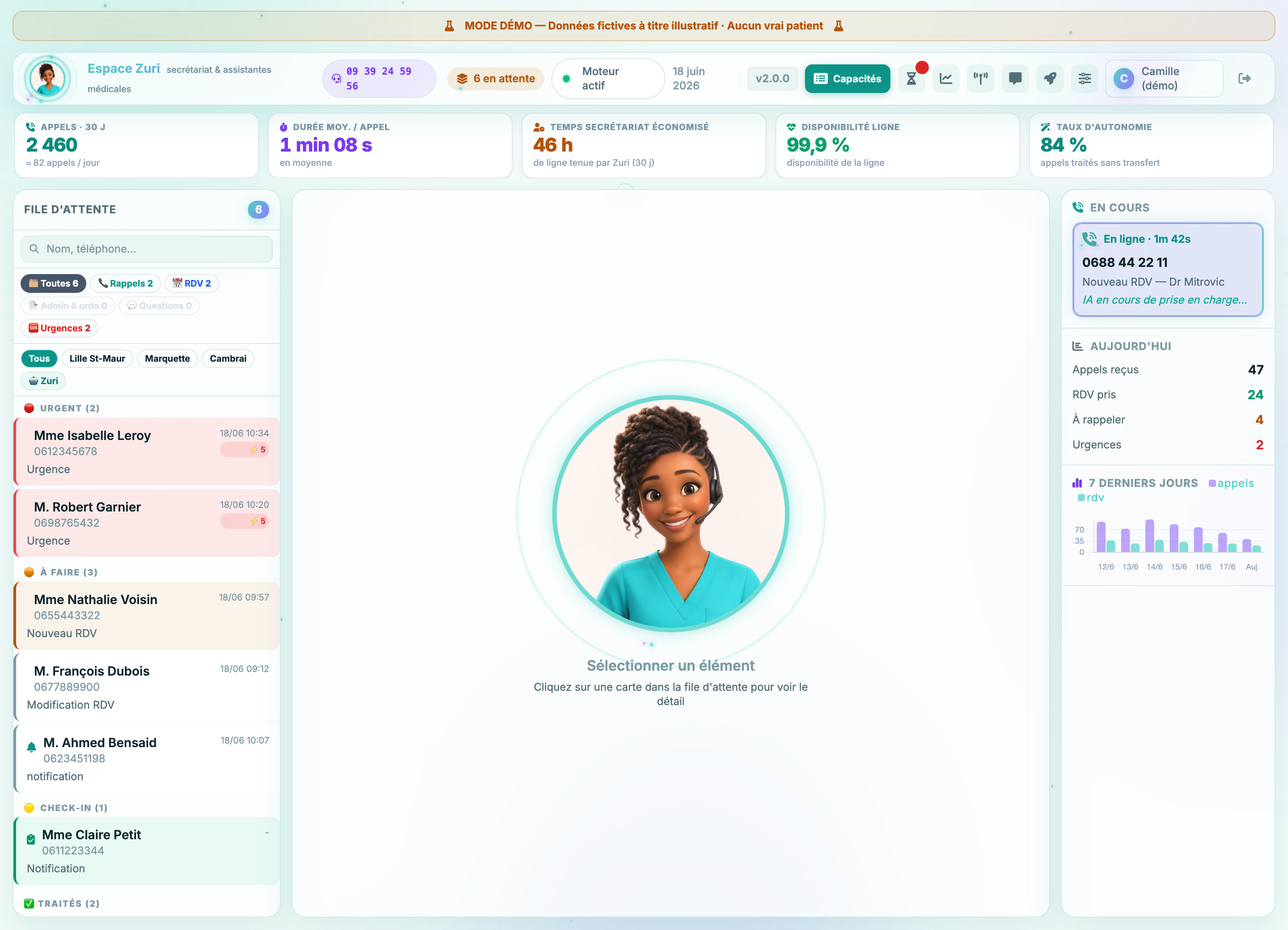 Espace Zuri — vue Live : file d'attente, appel en cours, statistiques (données fictives)