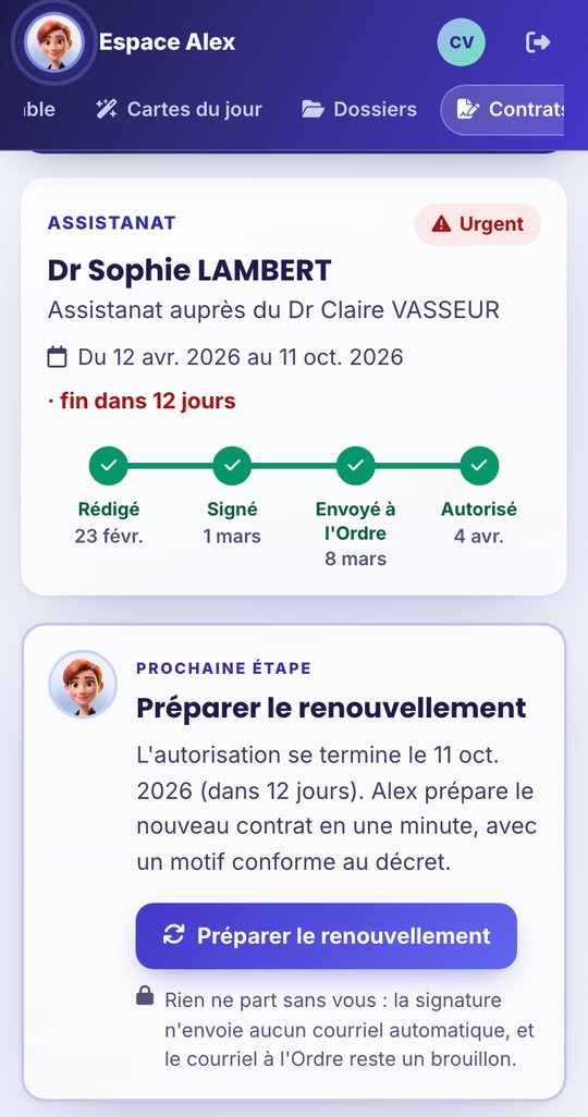L’écran d’un contrat sur téléphone : la frise d’avancement et la prochaine étape proposée par Alex.
