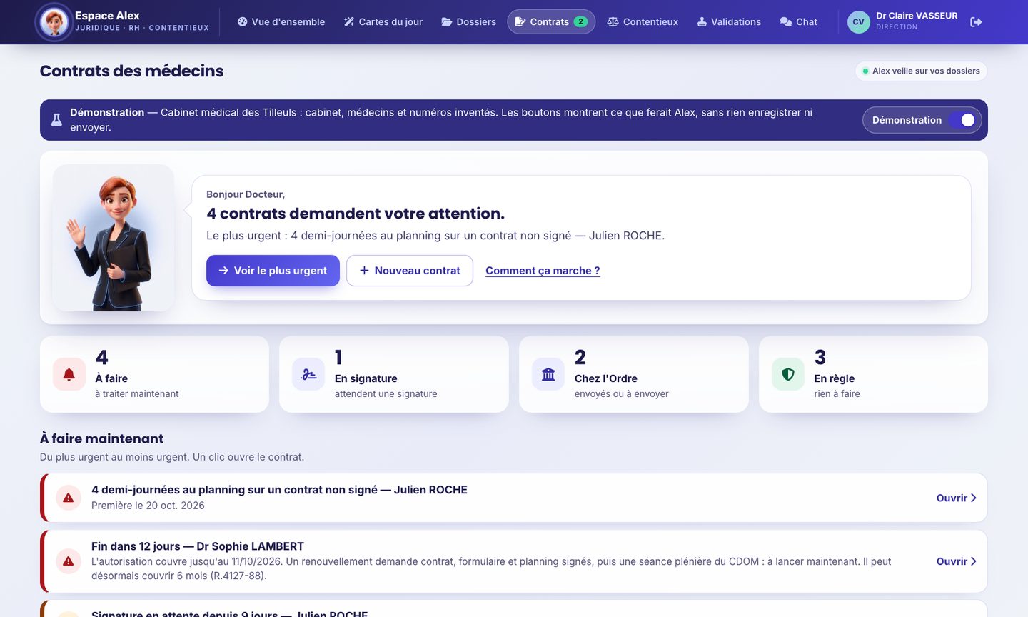 L’écran Contrats d’Alex sur ordinateur : Alex salue le médecin, quatre compteurs (à faire, en signature, chez l’Ordre, en règle) et la liste des contrats à traiter.
