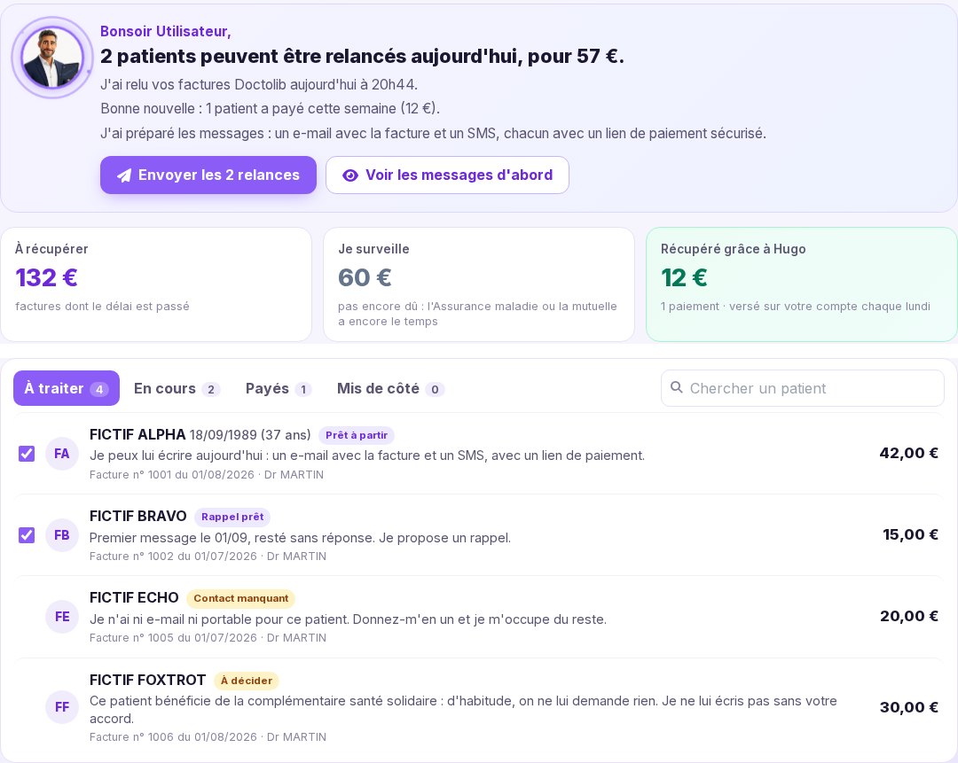 L’espace Hugo sur des patients fictifs : deux patients à relancer, les montants à récupérer, et la liste des dossiers avec leur état.
