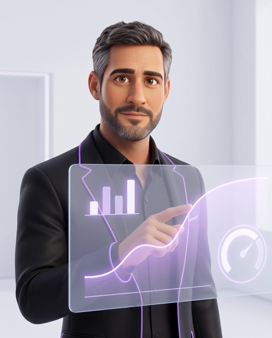 Hugo, en illustration 3D, présente un tableau sur un écran de verre.